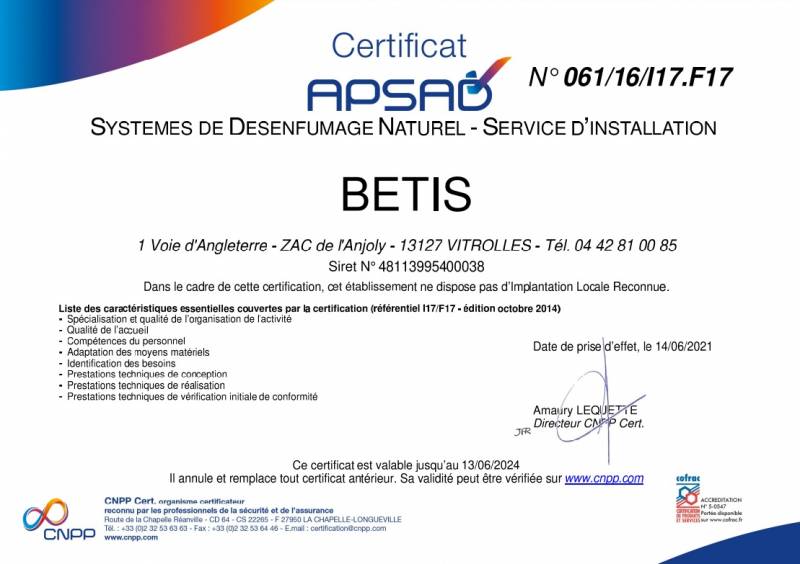 Certifications APSAD I17.F17 installation et maintenance