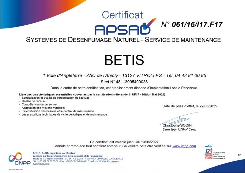 Certifications APSAD I17.F17 installation et maintenance