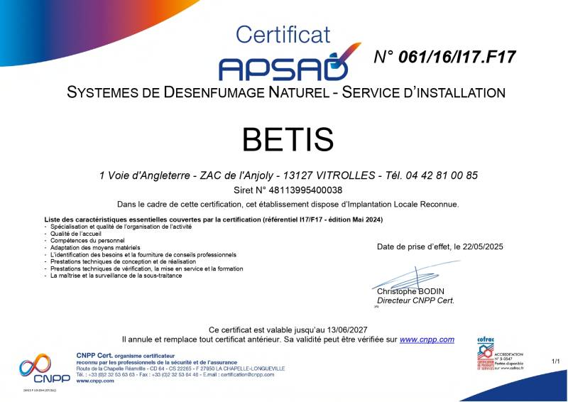 Certifications APSAD I17.F17 installation et maintenance